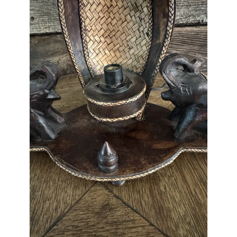 Two Elephant Wooden Table Lamp Light. Click Switch. Beautiful Decor.